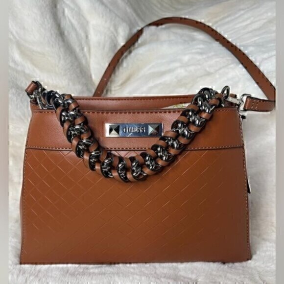 Guess Brown Leather Woven Braided Chain Detail  Cross body Tote Satchel Purse - Picture 1 of 16